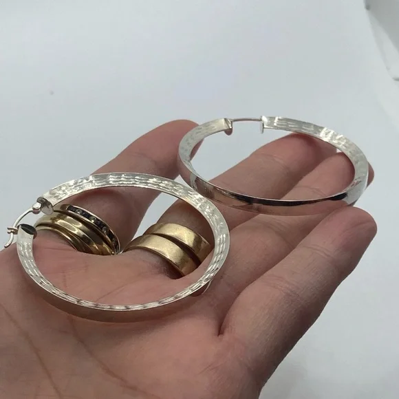 Vtg Sterling Silver Large Textured Etched Hoop Earrings / 2” - Picture 6 of 8